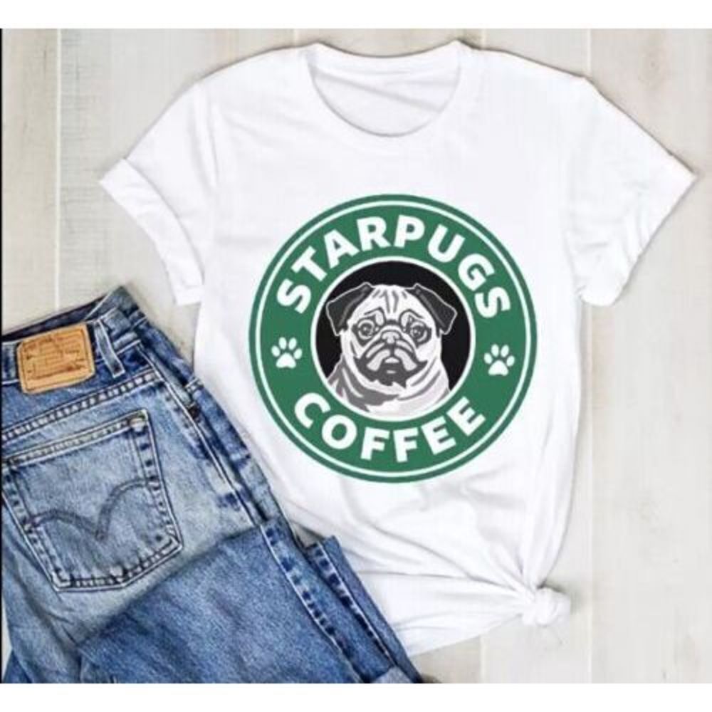 Custom‎ Tee Shirt Funny Dog Pugs Womens T shirt -White Short Sleeve Size L/XL